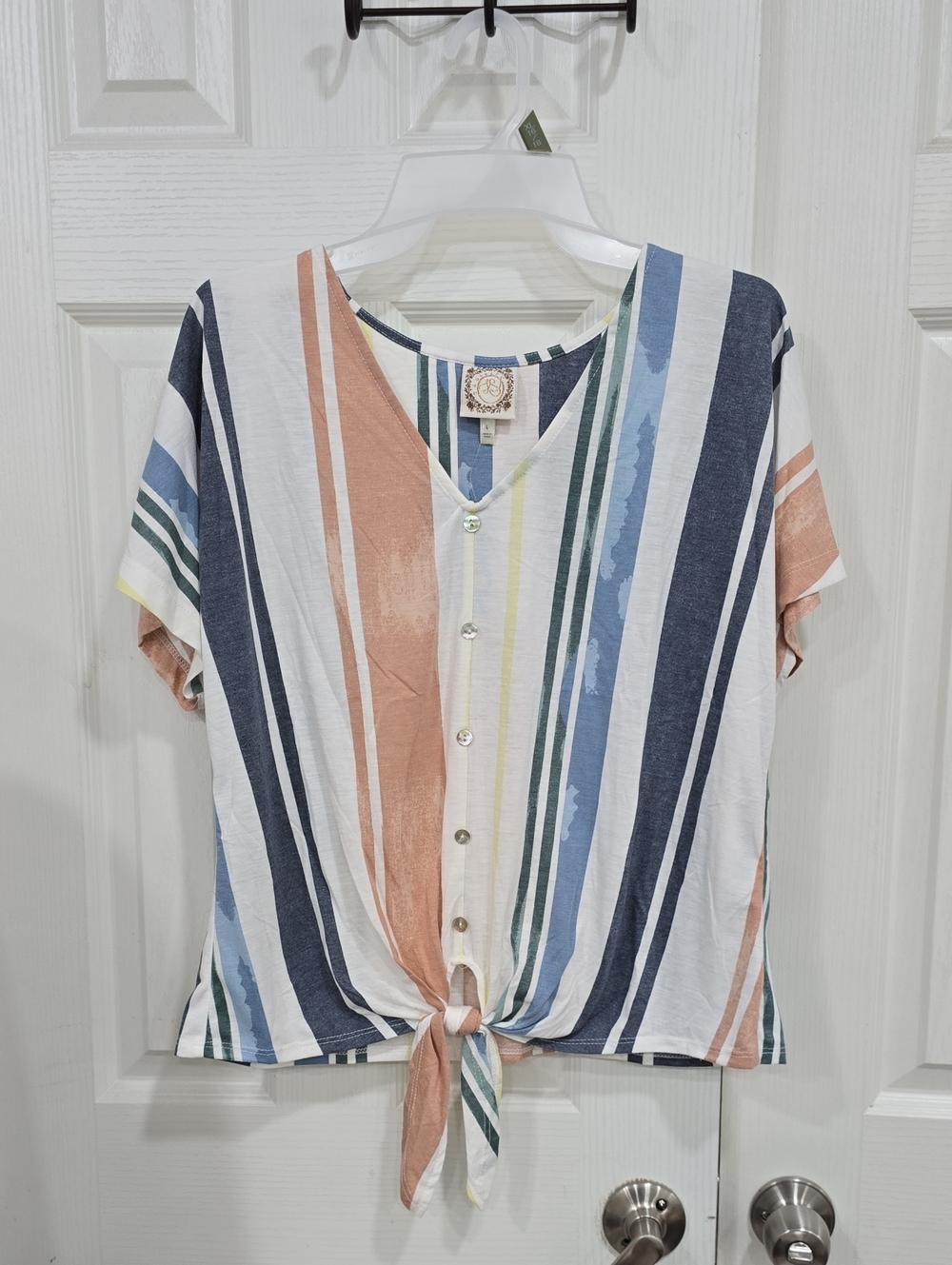 Striped Tie-Front V-Neck Crop Top in Blue, Rust & White
